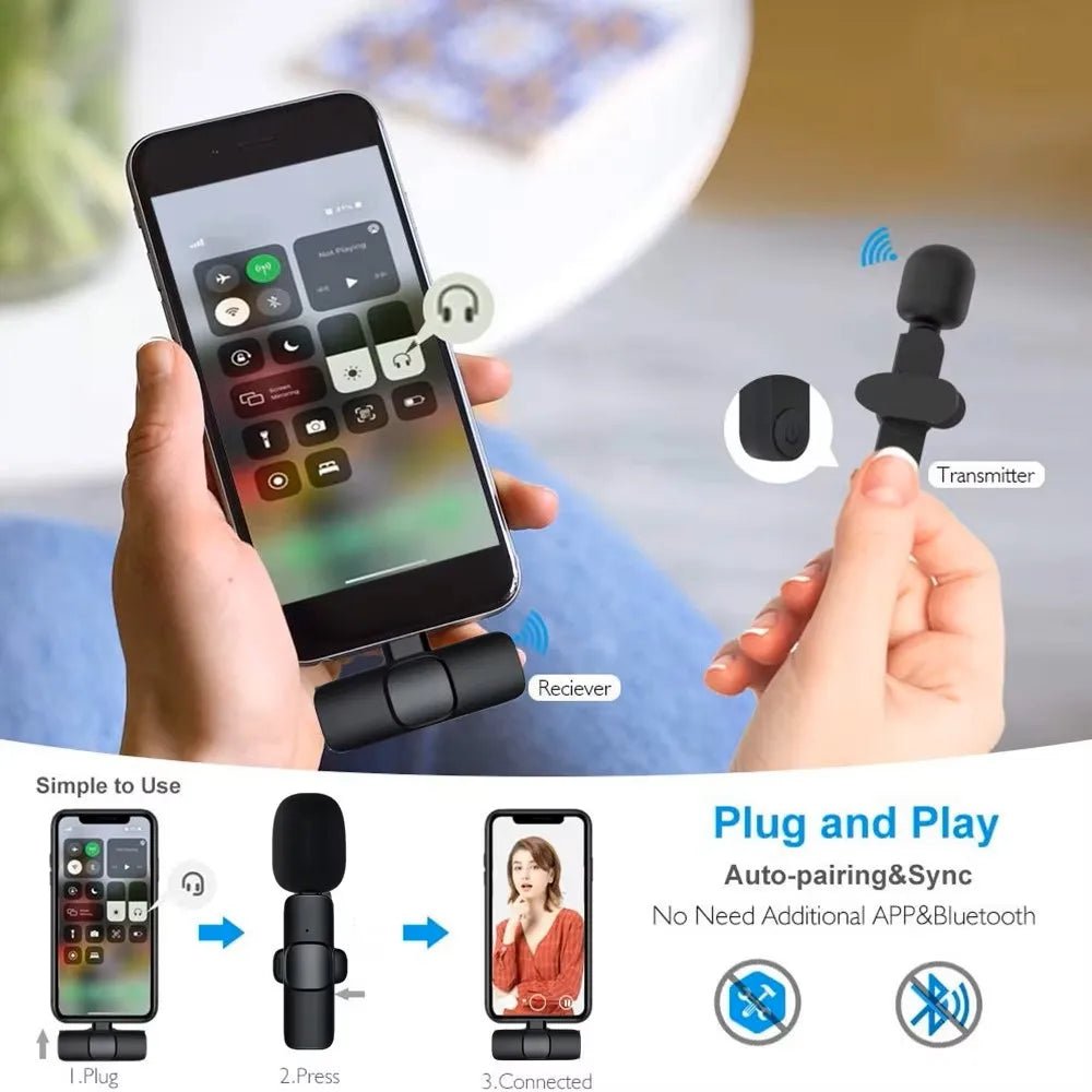 Wireless Lavalier Microphone Mini Portable Audio Video Recording Mic for iPhone Android Live Broadcast Gaming - Euroshomédia
